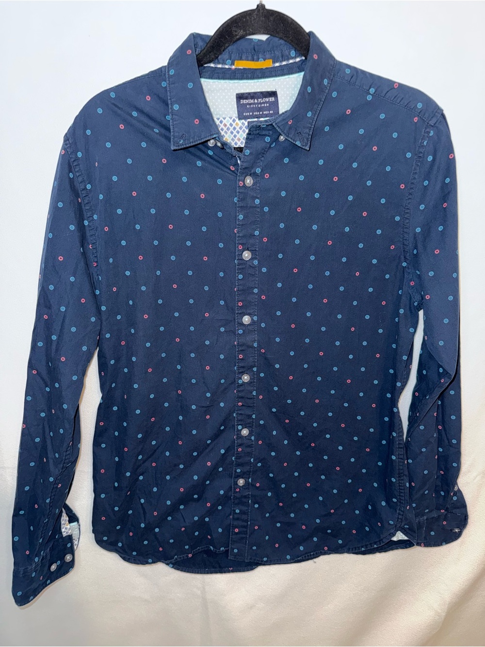 Denim & Flower Ricky Singh Men's Navy Dot-Print LS Button Up Slim Fit Shirt M